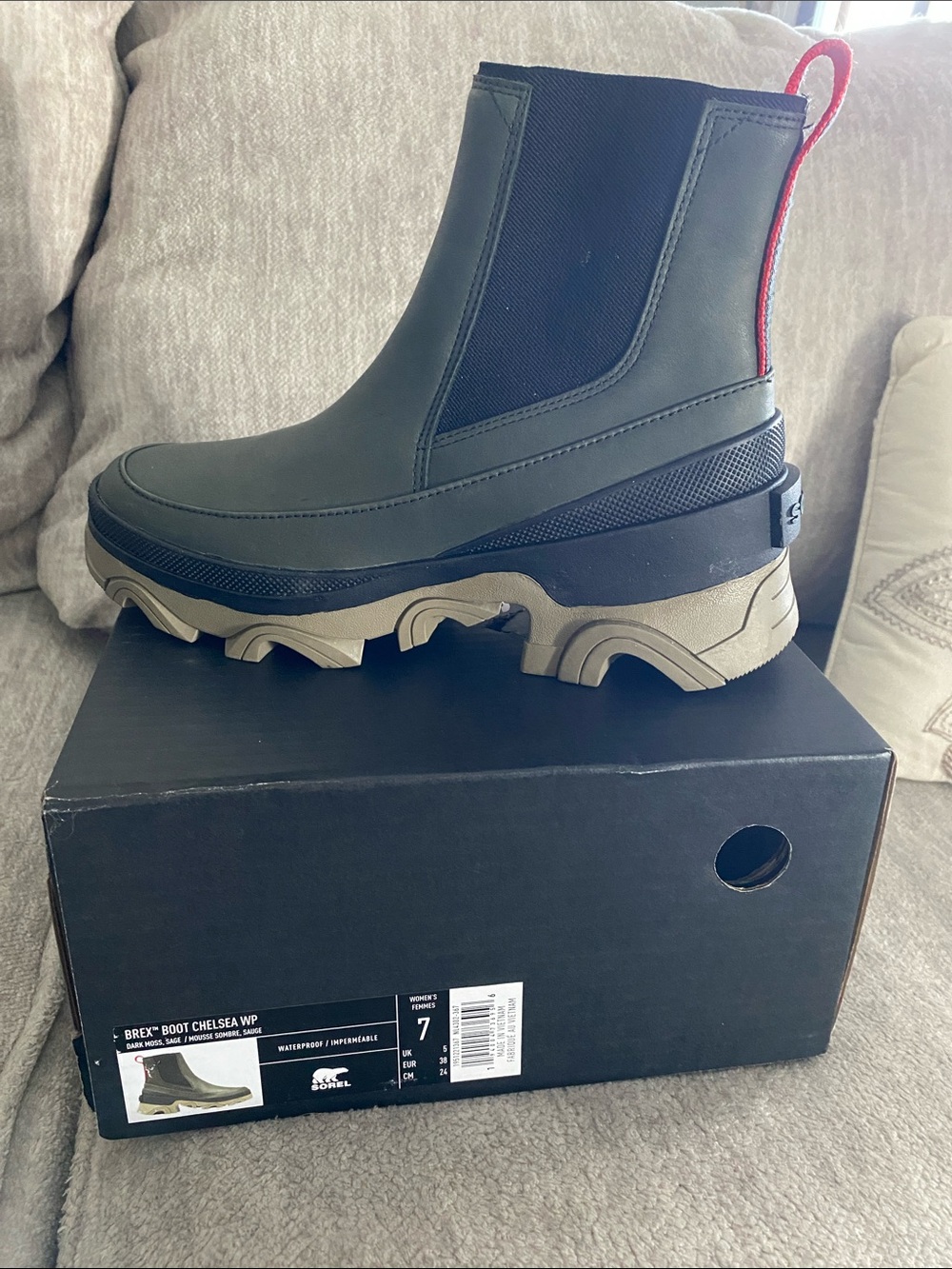 Sorel BREX Chelsea Waterproof Boot in Olive with Tan Lug Sole and Red Pull Tab
